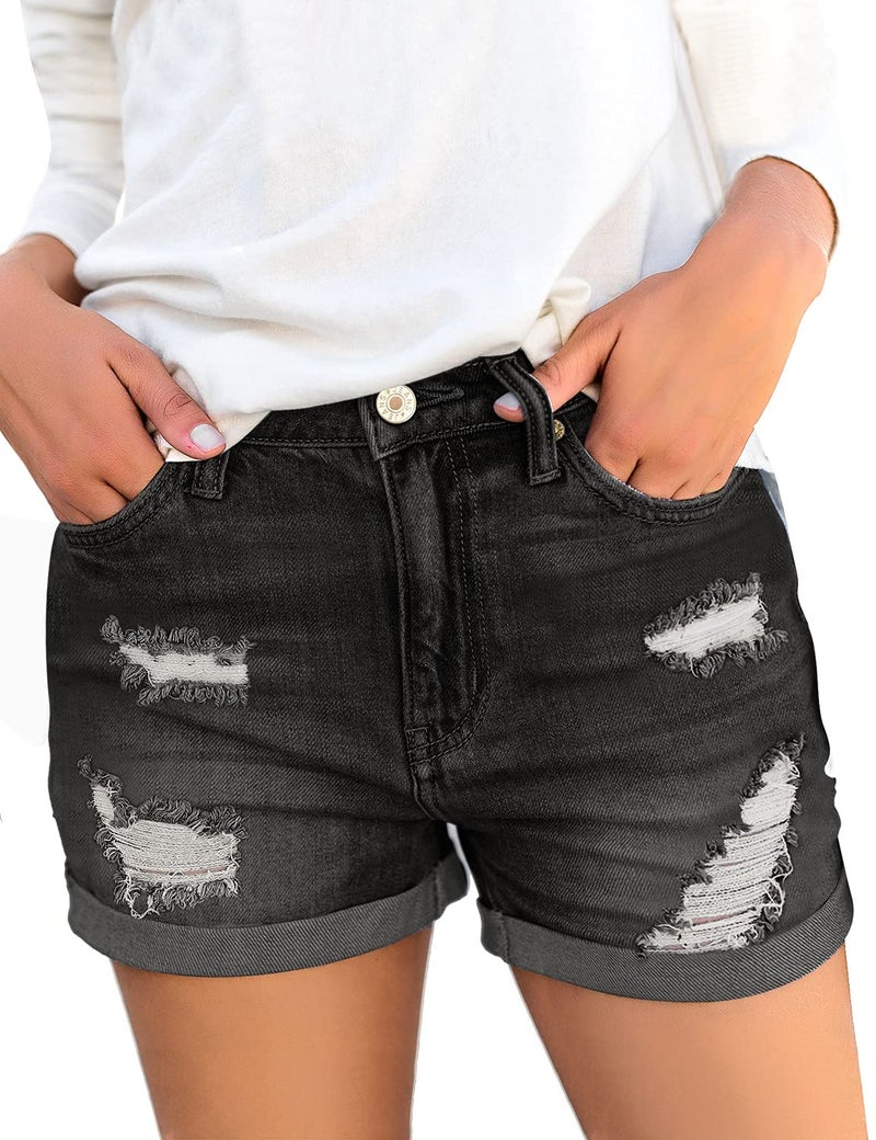 luvamia Women's Stretchy Ripped Denim Shorts High Rise Roll Hem Cut Off Shorts Wise Up Black Tight Shorts Black Size Large - Image 1